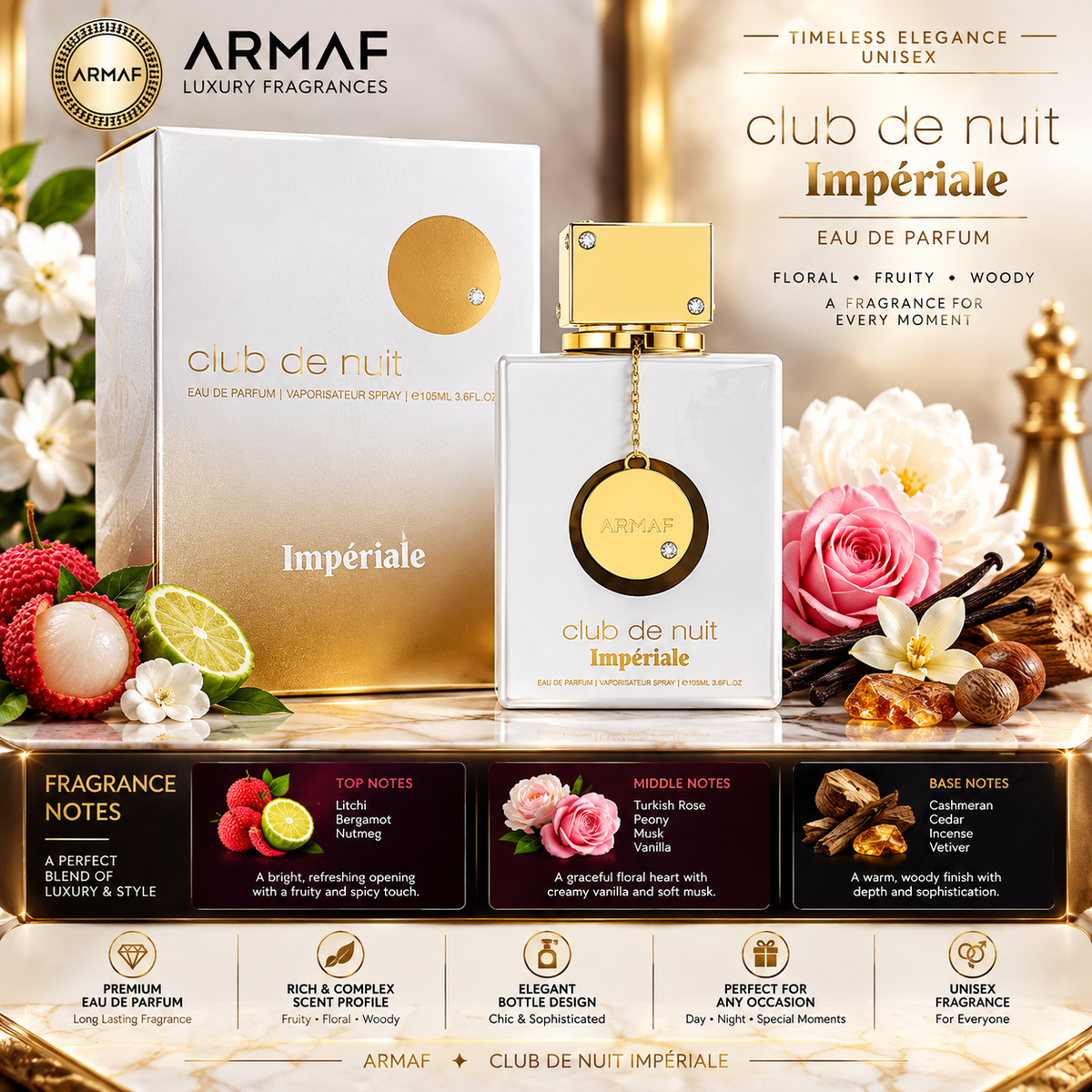 ARMAF Club de Nuit White Imperiale Eau de Parfum 105ml – Luxurious Floral, Fruity & Woody Fragrance – Unisex