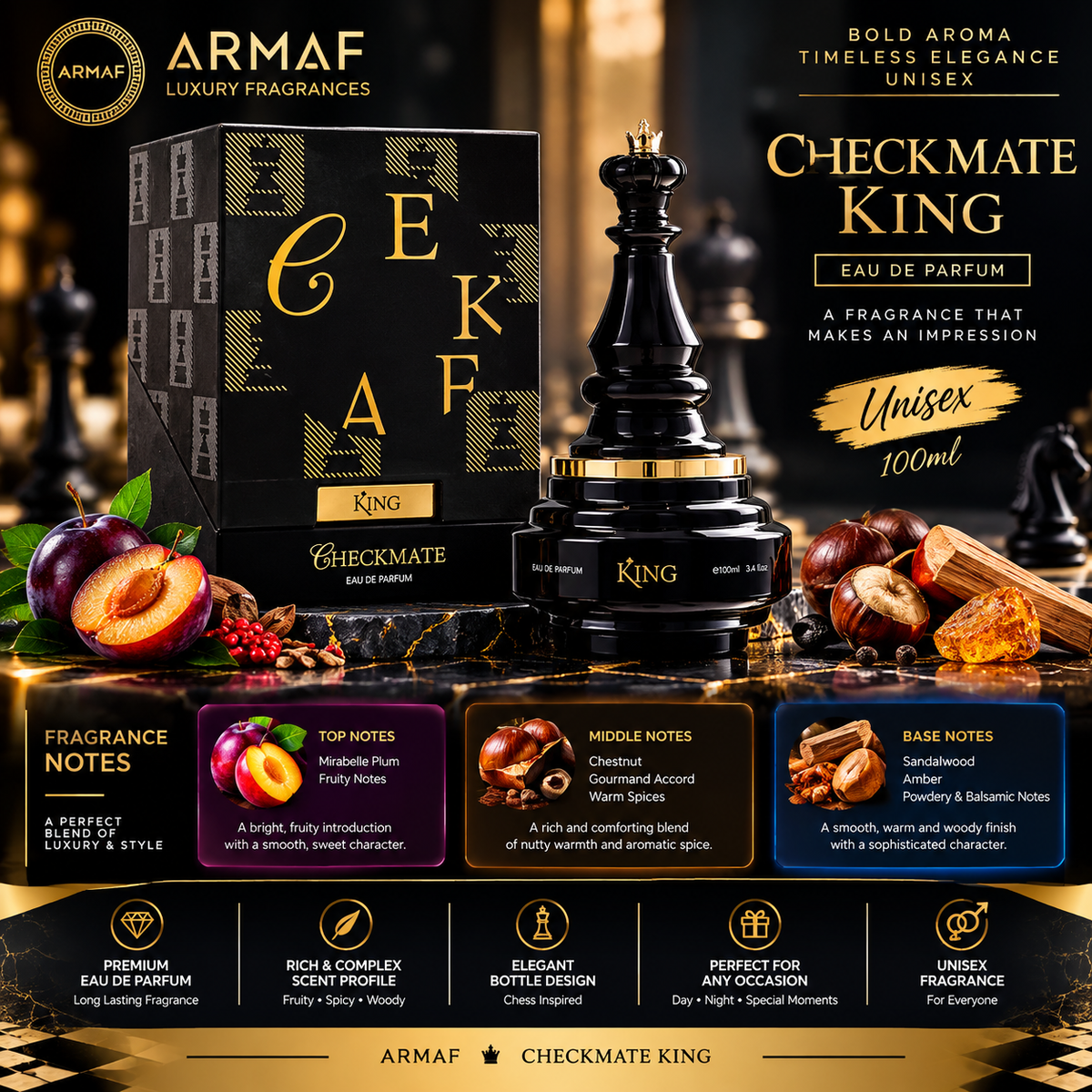 ARMAF Checkmate King Eau de Parfum – 100ml | Fruity, Spicy & Woody Fragrance | Unisex