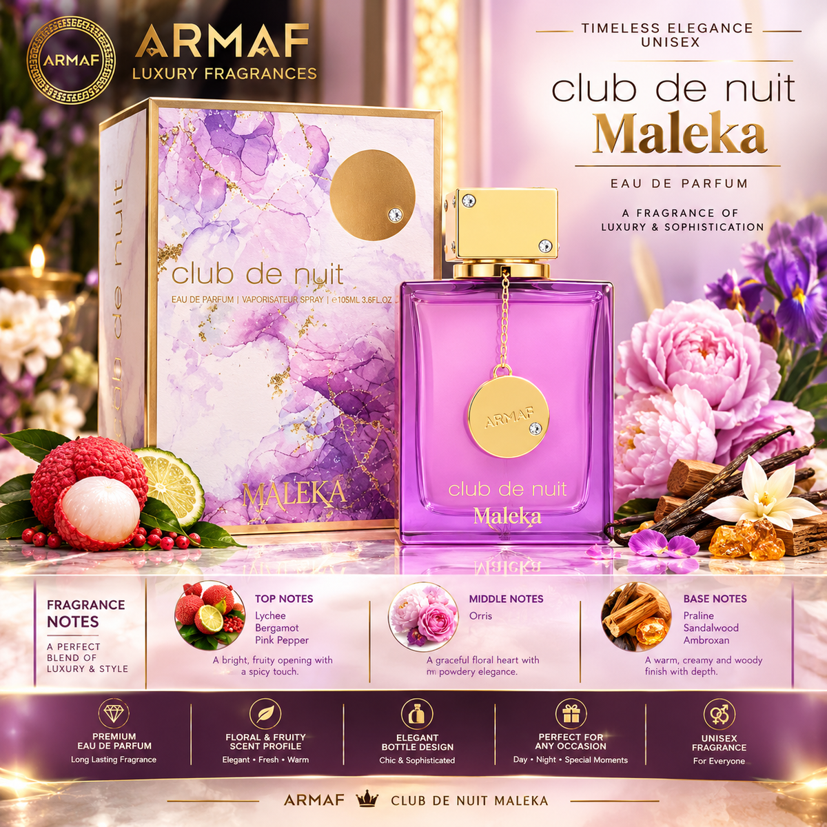 ARMAF Club de Nuit Maleka Eau de Parfum 105ml – Floral Fruity & Elegant Fragrance – Unisex