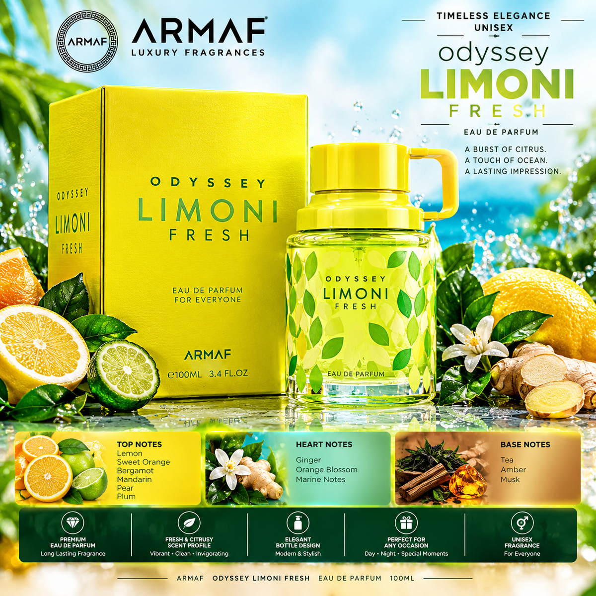 ARMAF Odyssey Limoni Fresh Eau de Parfum 100ml – Citrus, Aquatic & Fresh Fragrance – Unisex